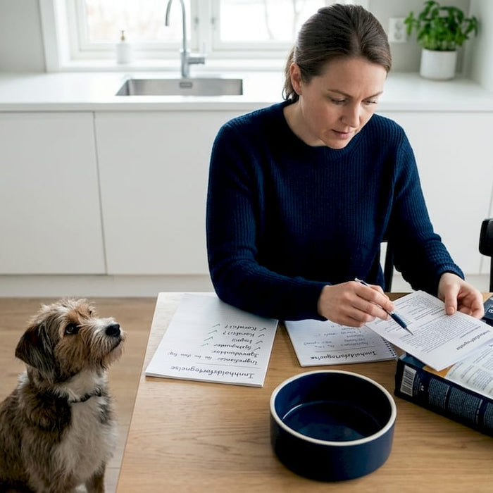 En hundeeier sitter ved kjøkkenbordet og sammenligner ulike typer hundemat for å finne det beste til firbeinte.