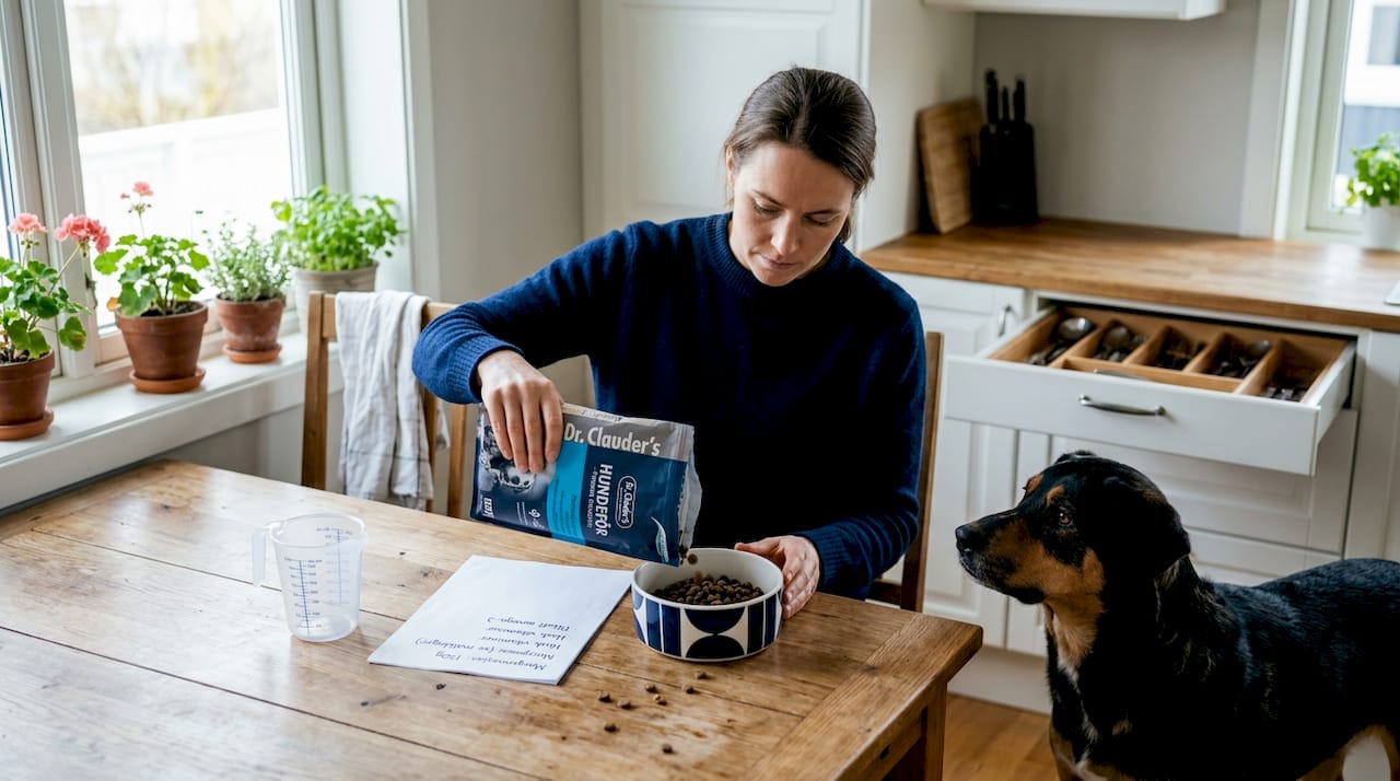Eieren måler opp og deler hundens mat hjemme for å sikre riktig mengde.