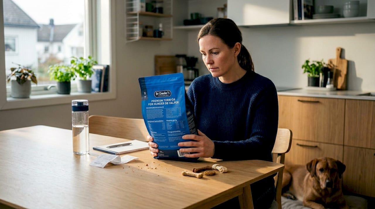 En hundeeier sitter ved kjøkkenbordet og studerer innholdet i hundematen nøye.