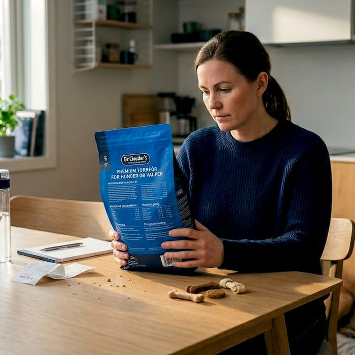En hundeeier sitter ved kjøkkenbordet og studerer innholdet i hundematen nøye.
