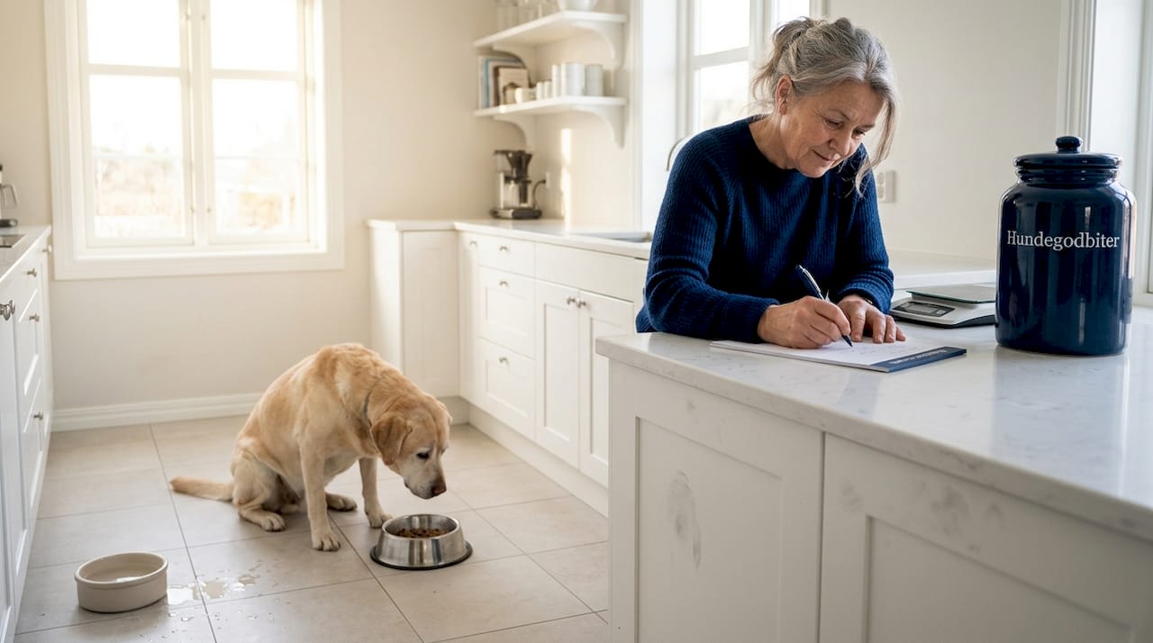 På kjøkkenet står hunden og spiser spesialfôr for å holde vekten under kontroll.