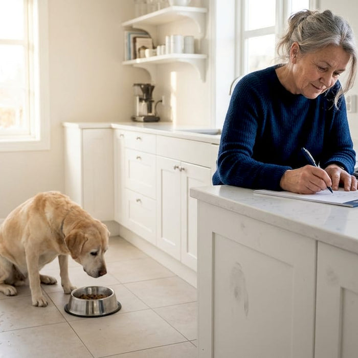 På kjøkkenet står hunden og spiser spesialfôr for å holde vekten under kontroll.