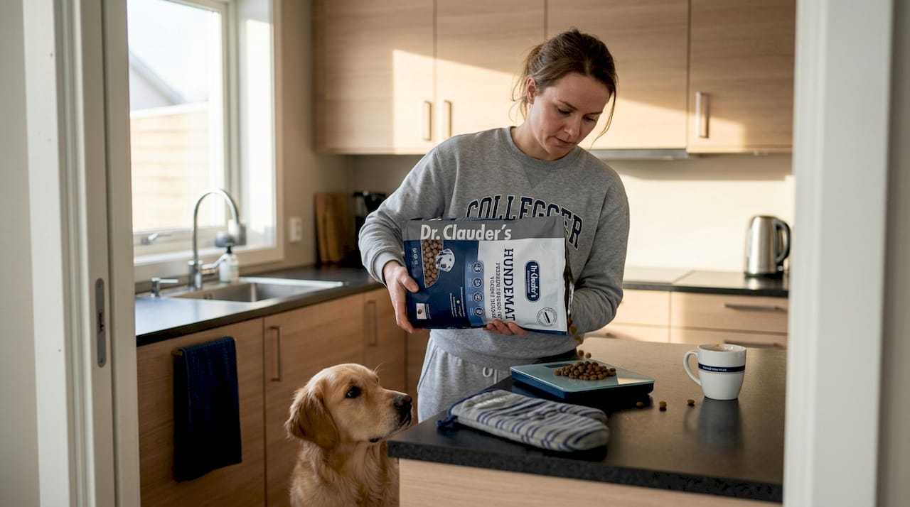 En hundeeier står på kjøkkenet og måler opp mat til hunden sin.
