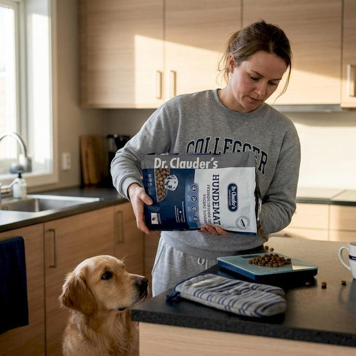 En hundeeier står på kjøkkenet og måler opp mat til hunden sin.
