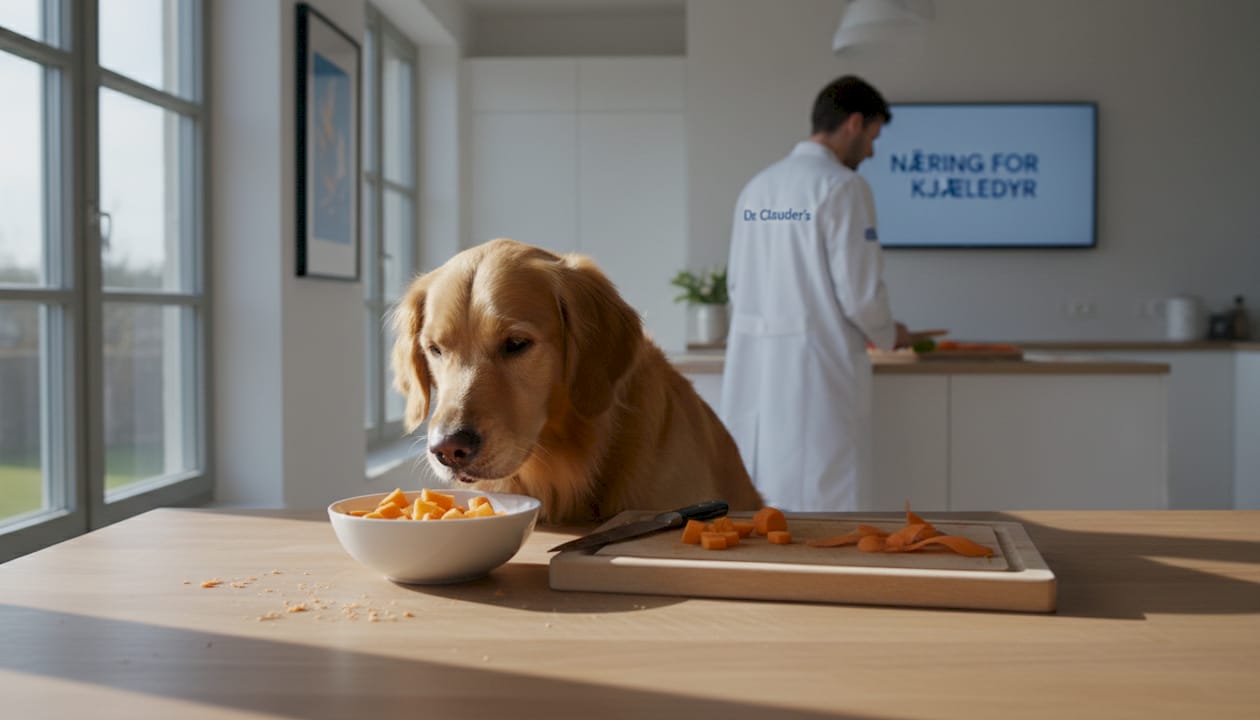 Hunden står med nesa i været og lukter på de naturlige snacksene som ligger på kjøkkenbordet.