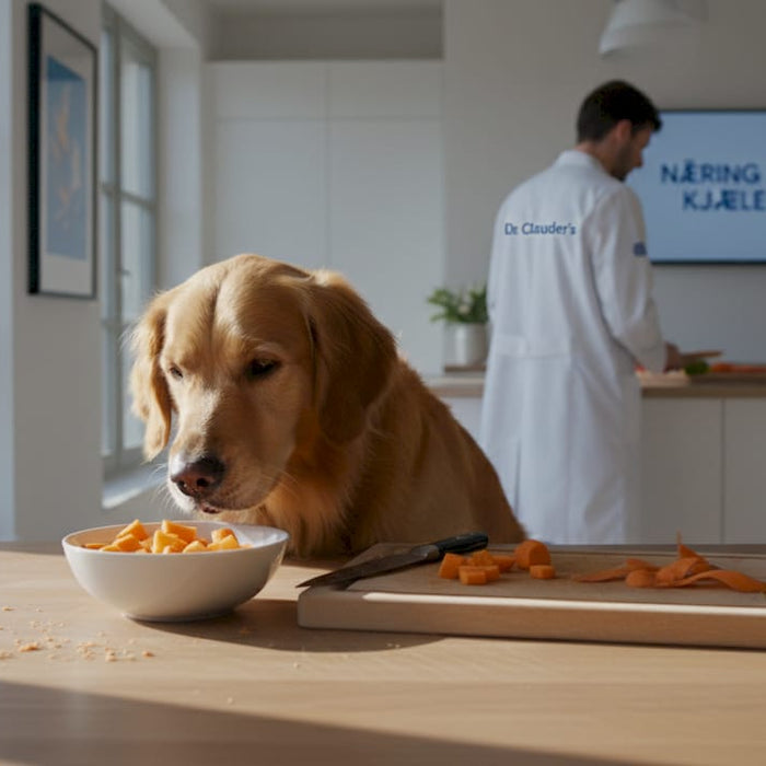 Hunden står med nesa i været og lukter på de naturlige snacksene som ligger på kjøkkenbordet.