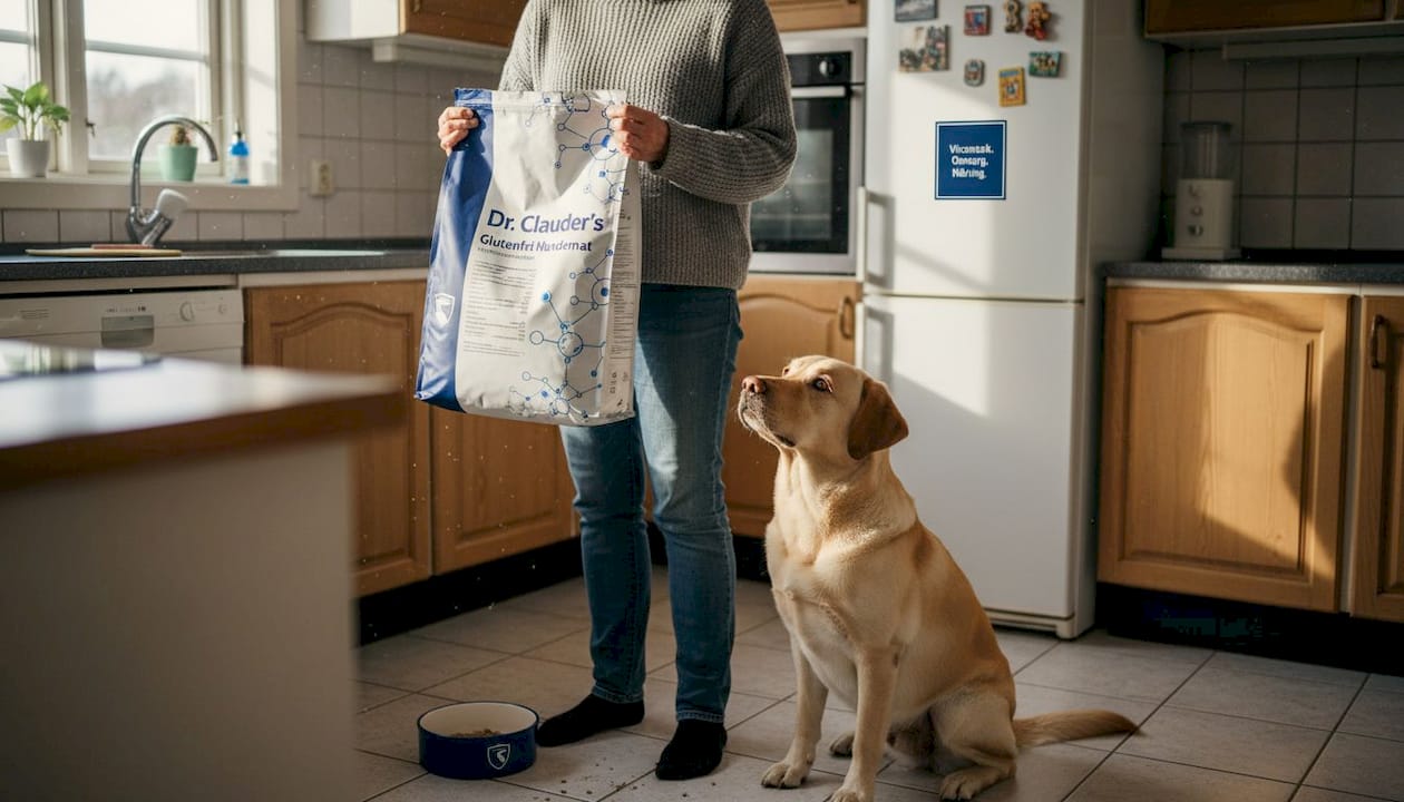 Hundeeieren sjekker posen med glutenfri hundemat