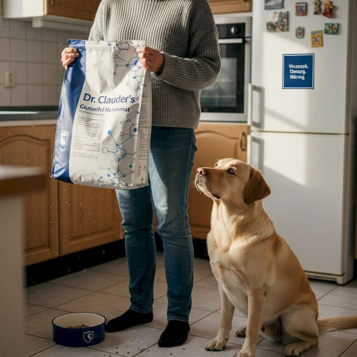 Hundeeieren sjekker posen med glutenfri hundemat