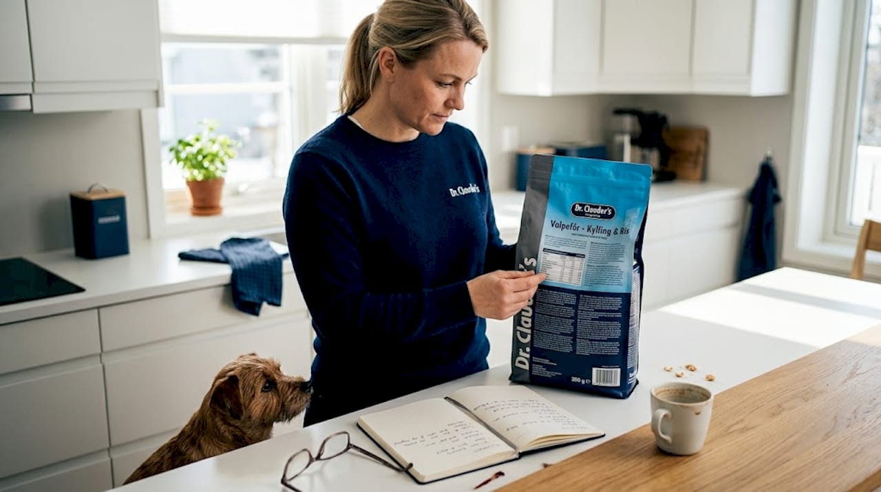 En kvinne står på kjøkkenet og studerer innholdsfortegnelsen på hundematen.