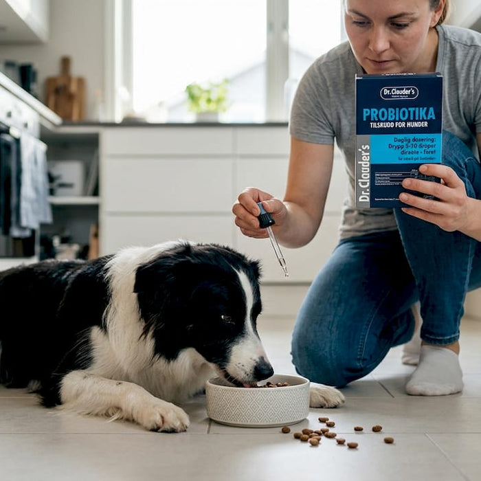 Hunden får spesialfôr for å støtte fordøyelsen