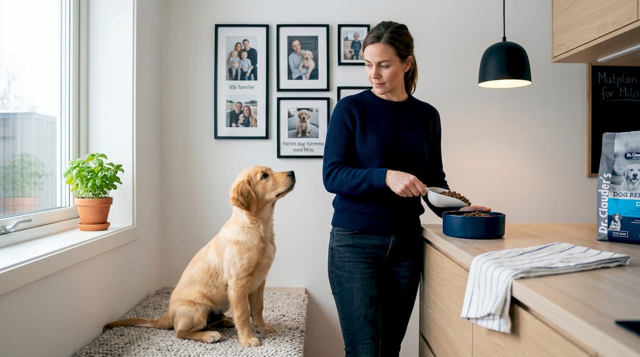 Valpen og eieren starter dagen med å gjøre klar frokosten sammen.