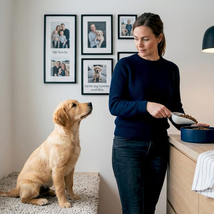Valpen og eieren starter dagen med å gjøre klar frokosten sammen.