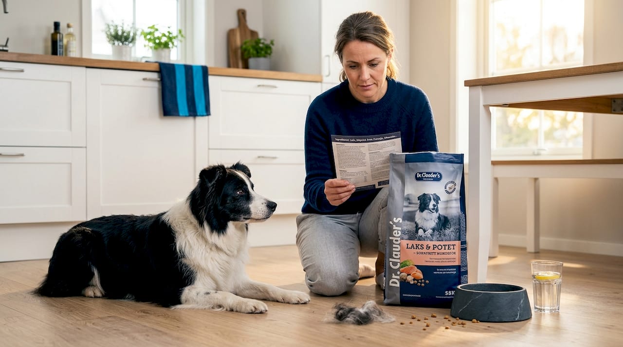 En kvinne står på kjøkkenet og ser over hundematen mens border collien hennes følger nysgjerrig med.