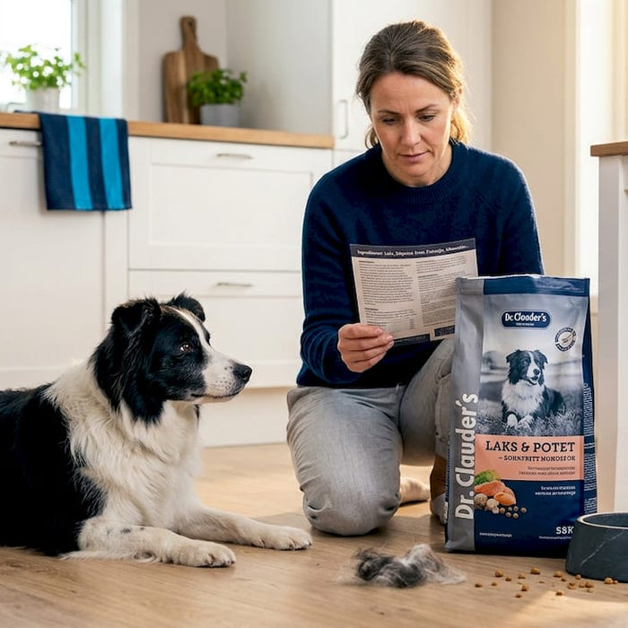 En kvinne står på kjøkkenet og ser over hundematen mens border collien hennes følger nysgjerrig med.