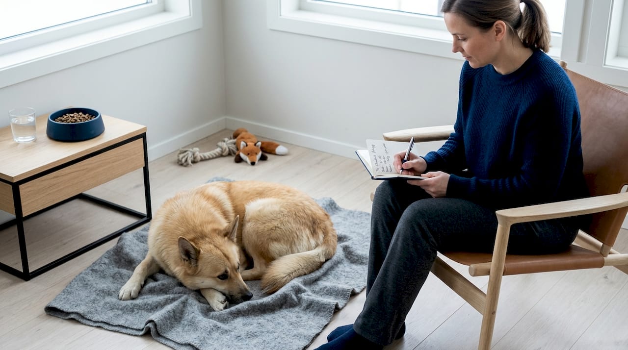 En norsk familiehund slapper av i stua sammen med eieren sin.