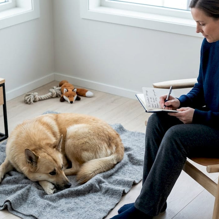En norsk familiehund slapper av i stua sammen med eieren sin.