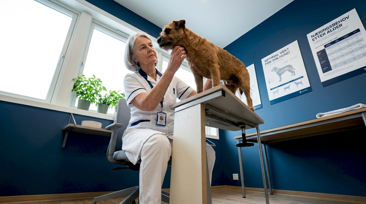 En hund får helsesjekk hos veterinæren