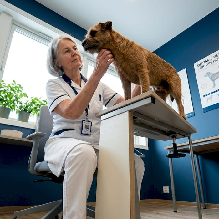 En hund får helsesjekk hos veterinæren