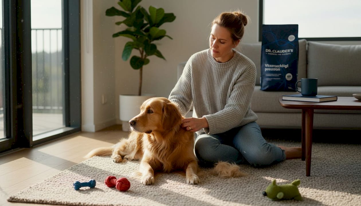 En gylden retriever blir stelt og børstet i en lys og trivelig stue.