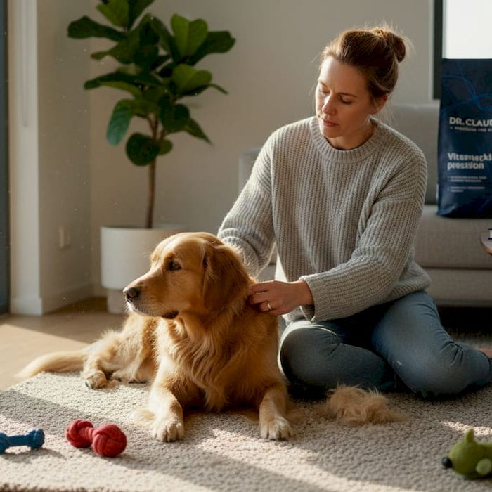 En gylden retriever blir stelt og børstet i en lys og trivelig stue.