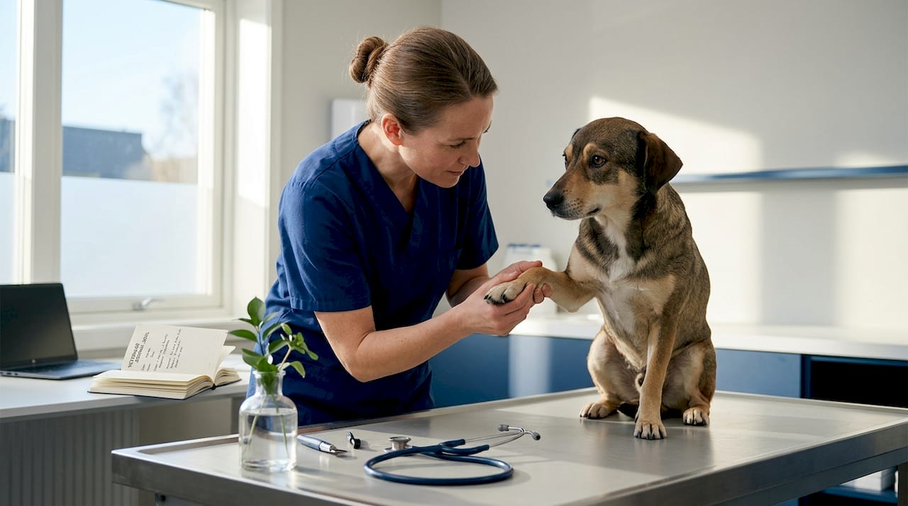 Veterinæren sjekker om hunden har allergi