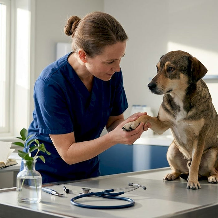 Veterinæren sjekker om hunden har allergi