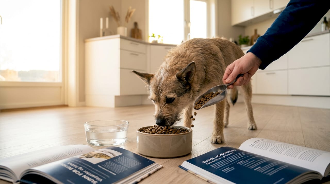 Hunden spiser maten sin på kjøkkengulvet.