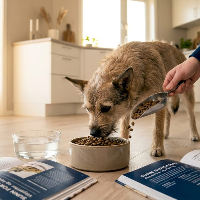 Hunden spiser maten sin på kjøkkengulvet.
