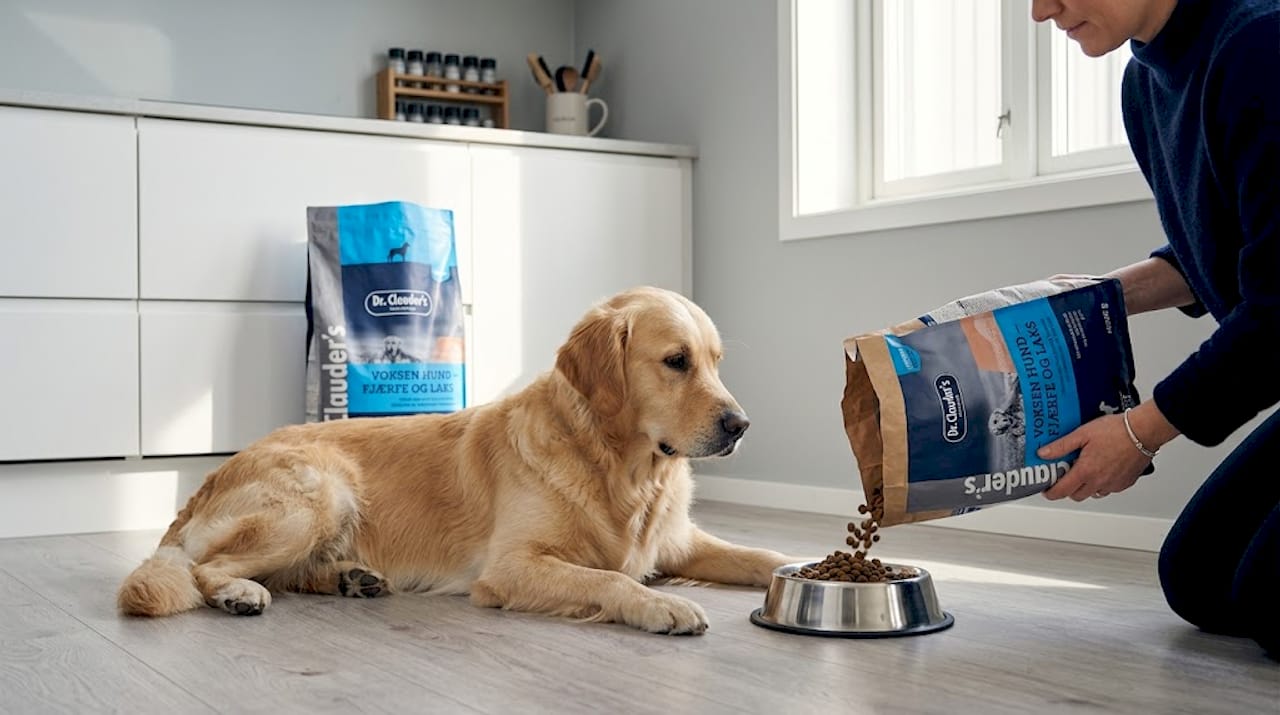 Golden retrieveren venter spent på å få tilpasset maten sin.