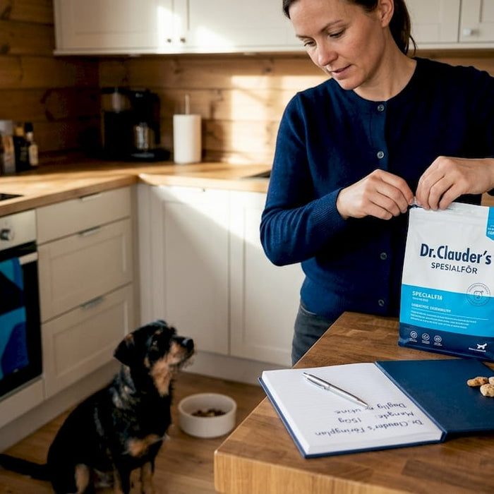 En kvinne lager nytt spesialfôr til hunden sin