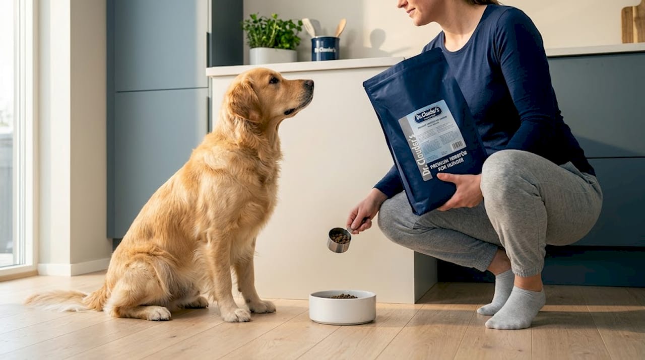 En hund sitter tålmodig på kjøkkenet og venter på mat.