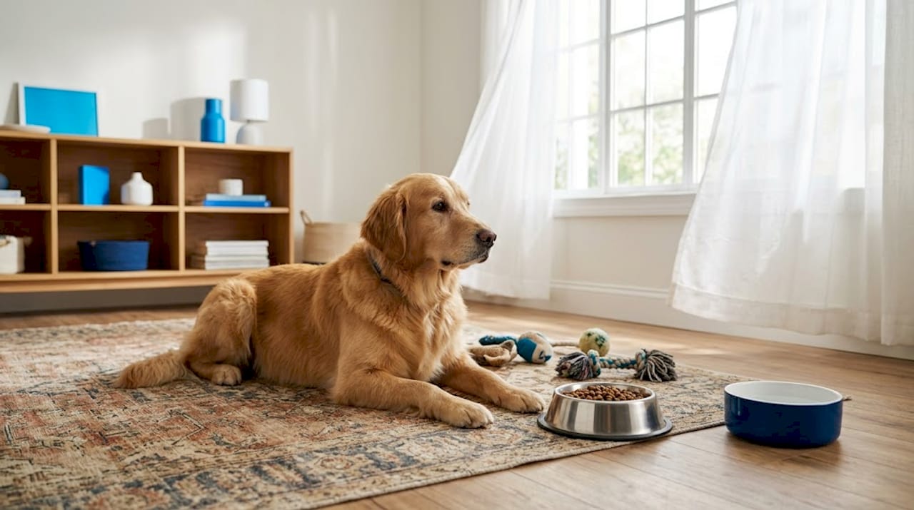 En hund ligger og slapper av på et teppe ved siden av matskålen sin.