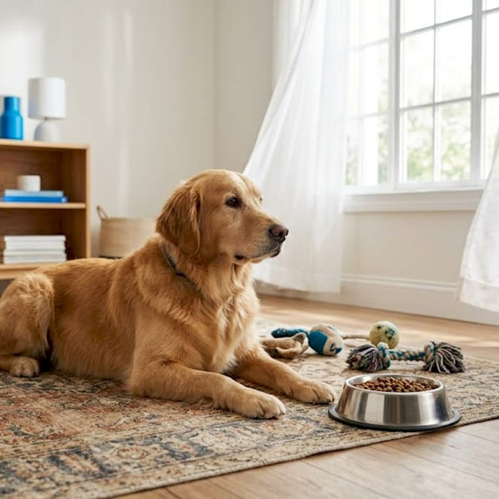 En hund ligger og slapper av på et teppe ved siden av matskålen sin.