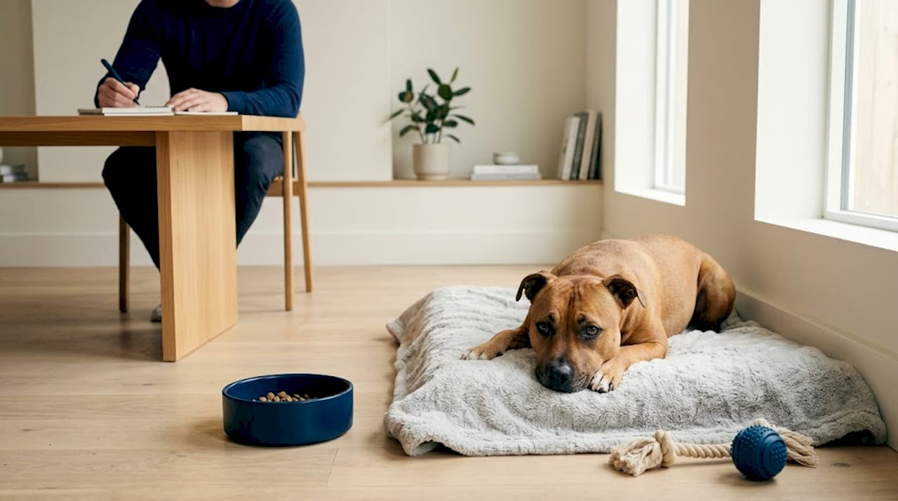 Hunden ligger og slapper av på teppet hjemme, mens eieren gjør notater.