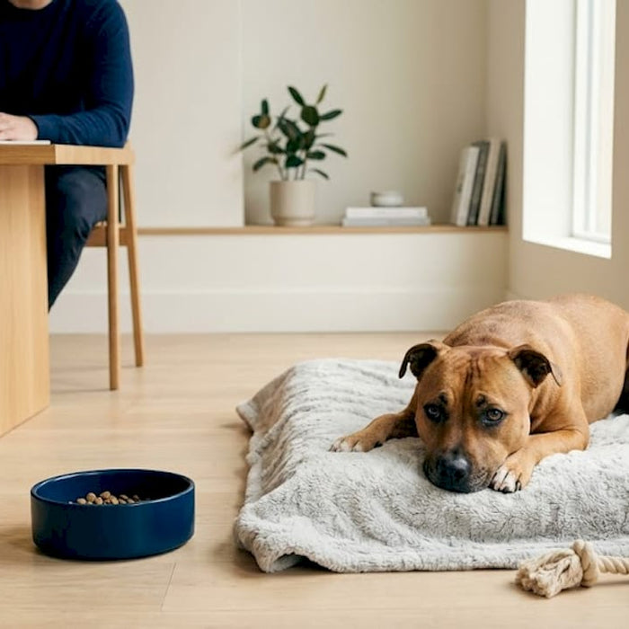 Hunden ligger og slapper av på teppet hjemme, mens eieren gjør notater.