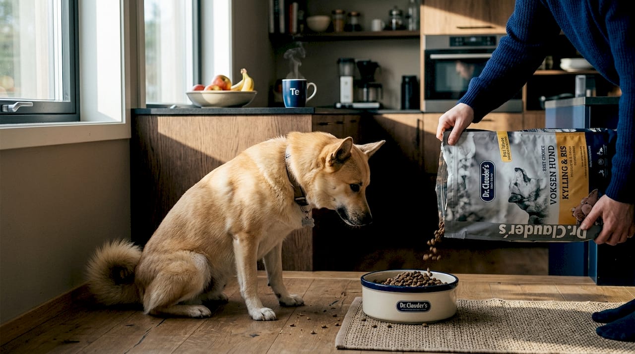 På kjøkkenet hjemme står en norsk buhund og koser seg med hundemat.