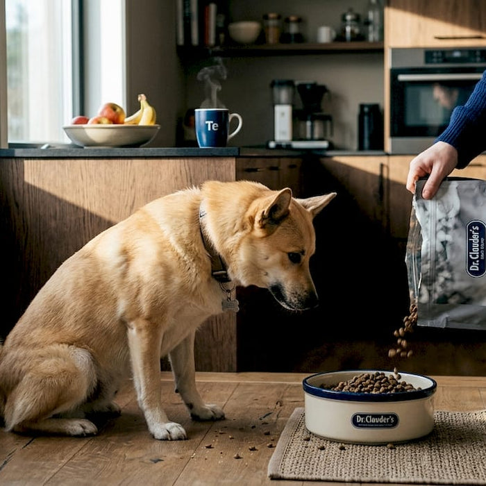 På kjøkkenet hjemme står en norsk buhund og koser seg med hundemat.