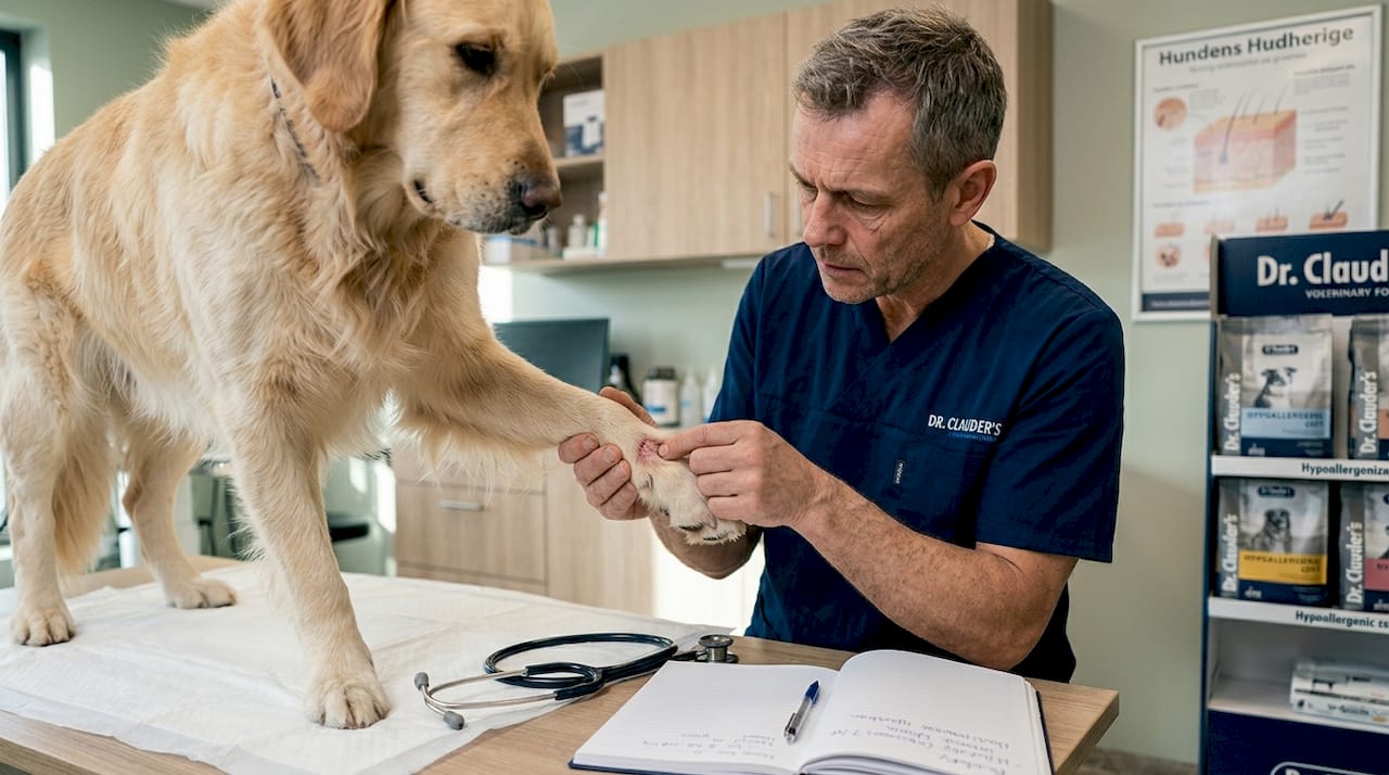 Veterinæren sjekker om hunden har allergi