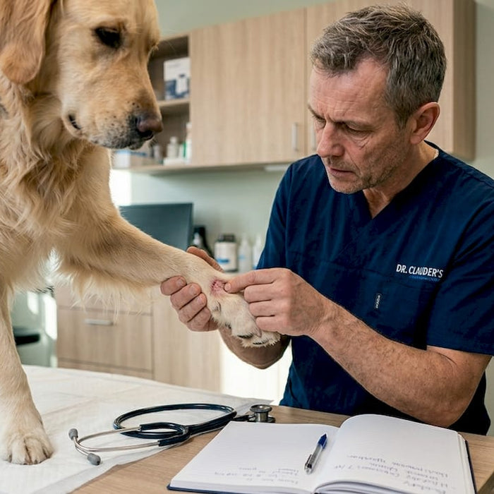 Veterinæren sjekker om hunden har allergi