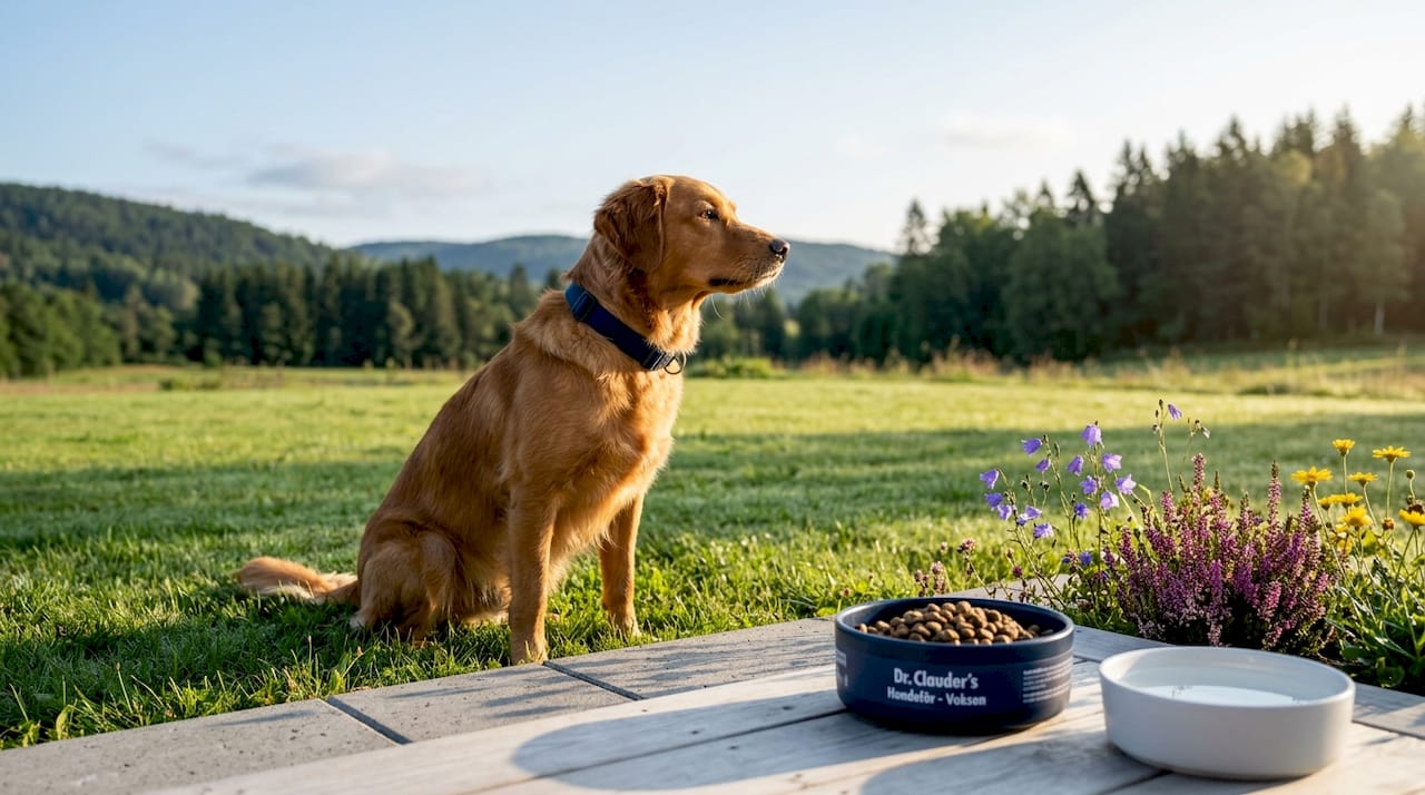 En energisk hund står ute i morgensola og venter spent på frokosten.