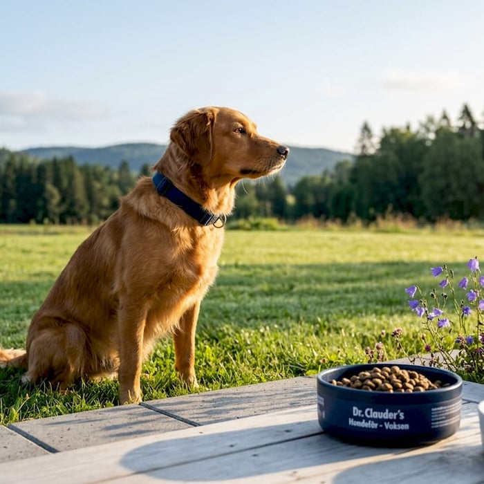 En energisk hund står ute i morgensola og venter spent på frokosten.