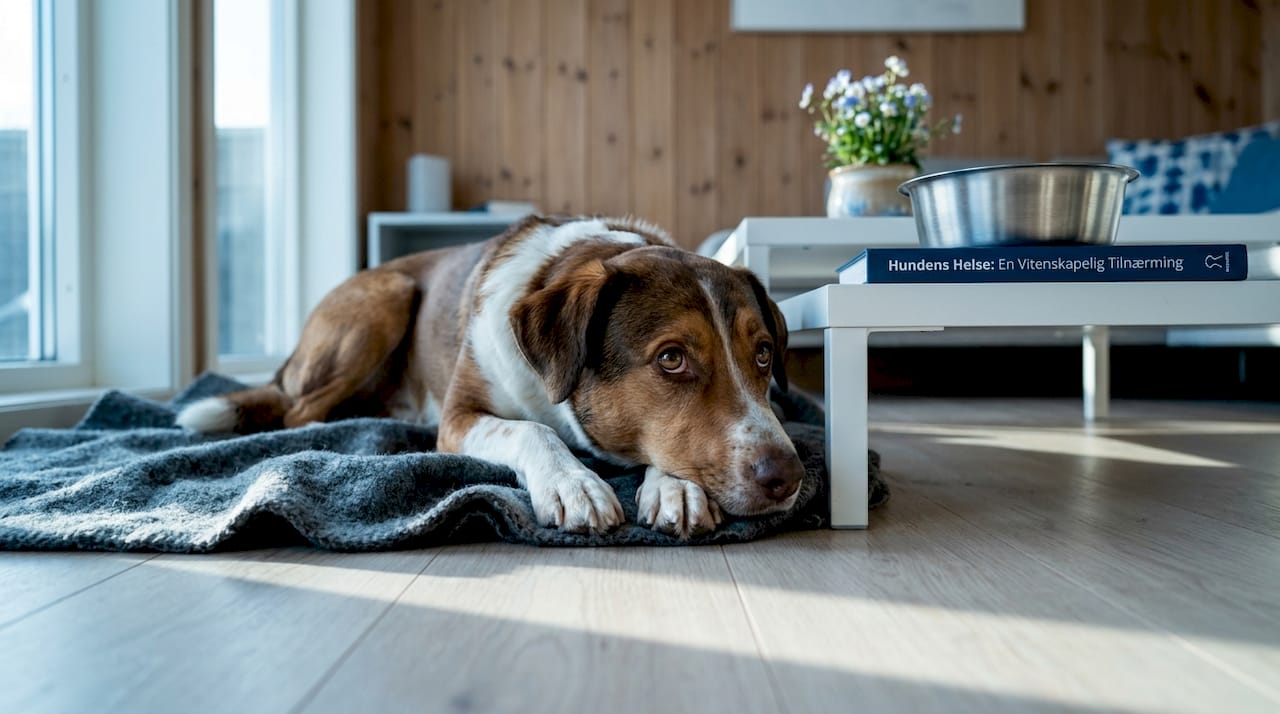 Hunden ligger og slapper av, men viser tegn på at magen er litt følsom.