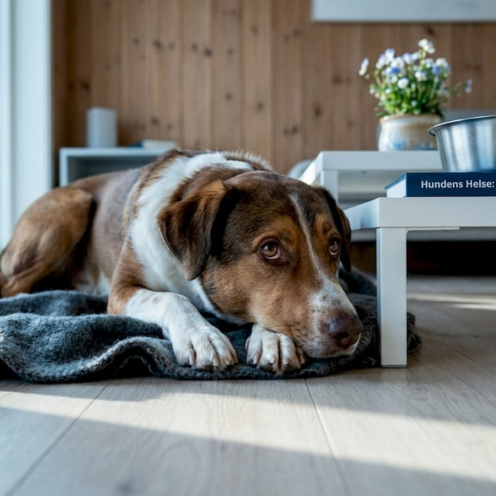 Hunden ligger og slapper av, men viser tegn på at magen er litt følsom.