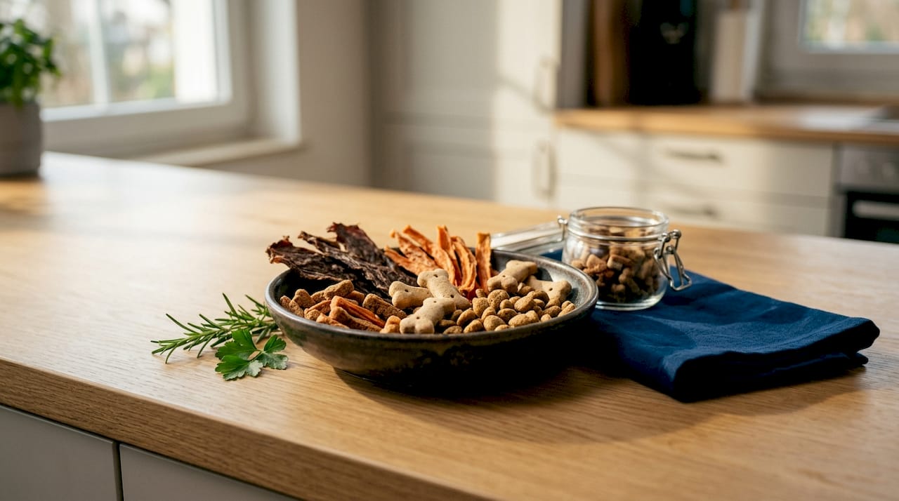 Et utvalg av naturlige hundesnacks servert i en skål