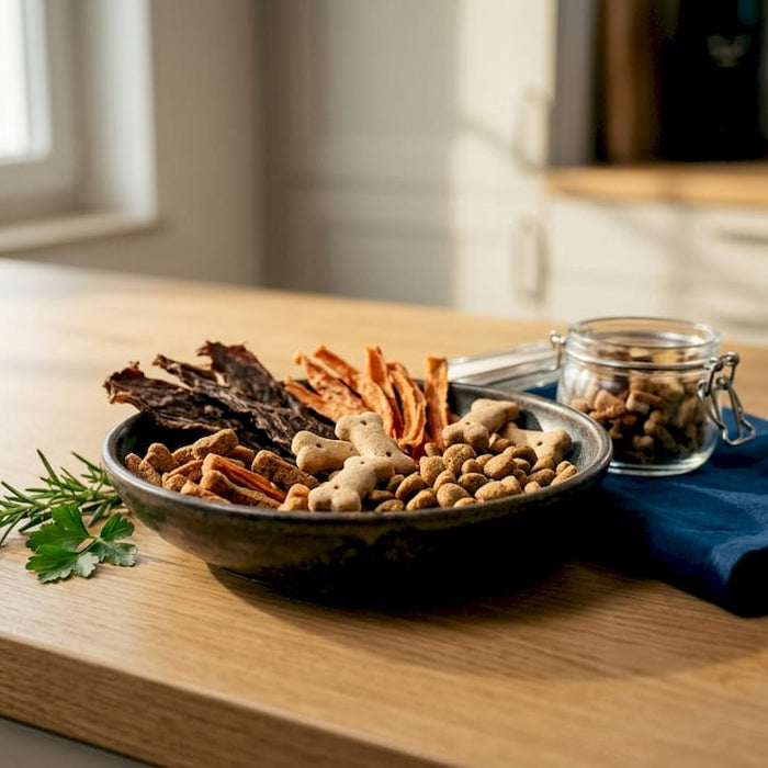 Et utvalg av naturlige hundesnacks servert i en skål