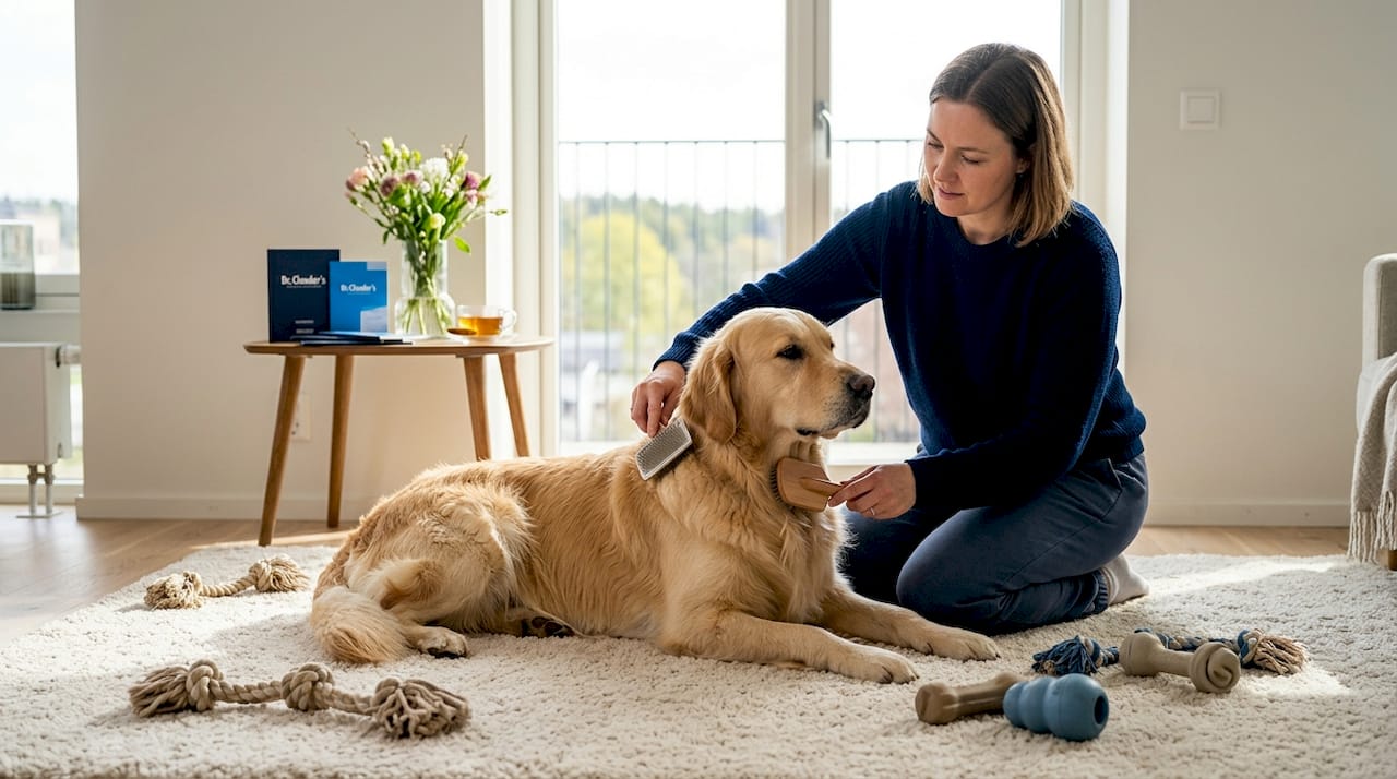 En golden retriever som blir børstet inne i stua.