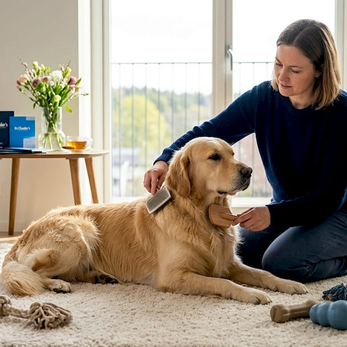 En golden retriever som blir børstet inne i stua.
