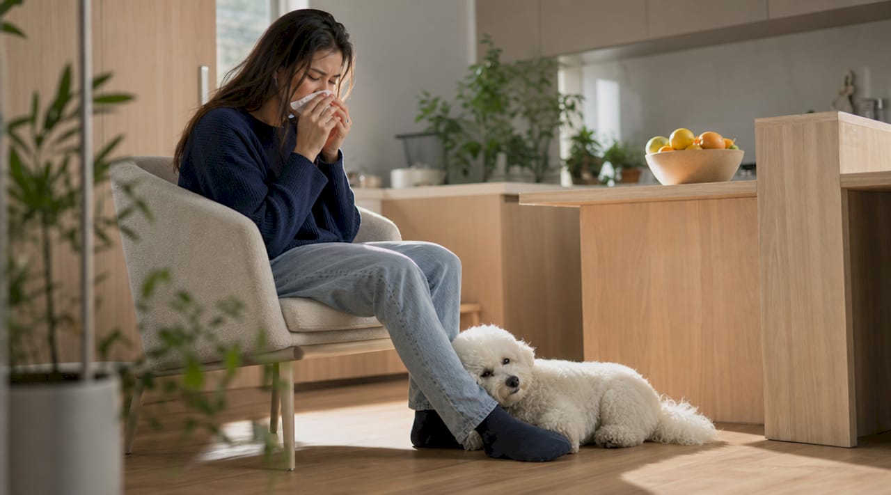 En kvinne koser seg hjemme sammen med sin allergivennlige hund i et lyst og trivelig rom.