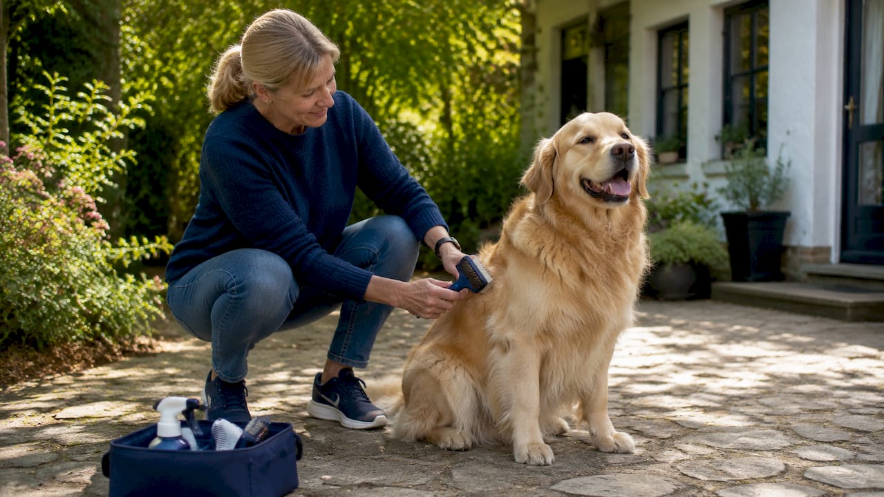 En kvinne steller pelsen til en golden retriever ute i hagen.