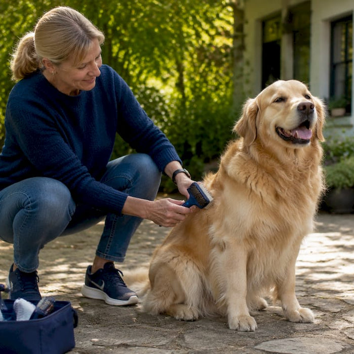 En kvinne steller pelsen til en golden retriever ute i hagen.